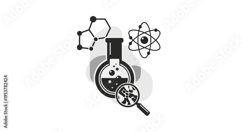 Conceptual illustration depicting scientific research, experimentation, and microscopic analysis