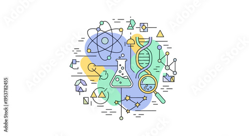 Conceptual science illustration featuring atom, dna, and chemical glassware on white background