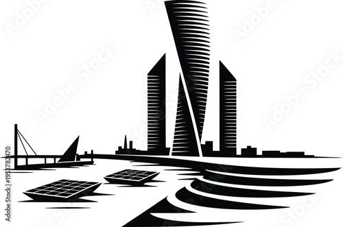 Futuristic skyline with twisting skyscrapers and solar panel boats floating in harbor bay area