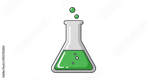 Cartoon Erlenmeyer flask filled with bubbling green liquid, science experiment illustration
