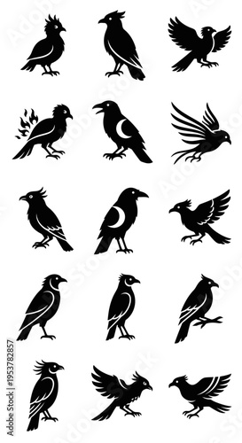 Collection of various black bird silhouettes.