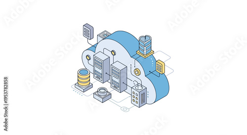 Cloud computing illustration representing data servers and network technology in a minimalist design