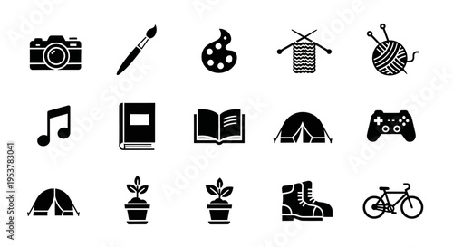 Collection of Minimalist Black Icons Representing Diverse Hobbies, Leisure Activities and Interests