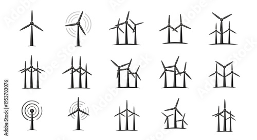 Collection of stylized wind turbines and related symbols representing energy generation concepts