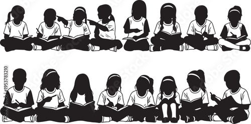 Silhouette of diverse group of schoolgirls reading and learning