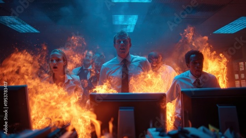 Businesspeople in a Burning Office, Emergency and Disaster Concept