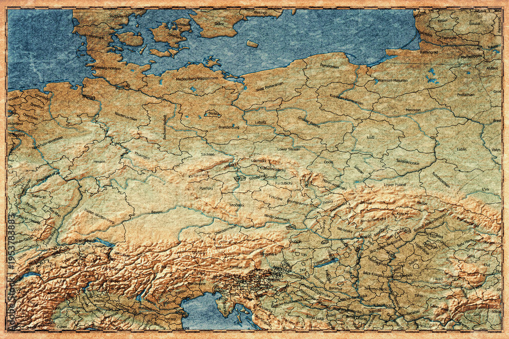 Naklejka premium Vintage Map Of Central Europe On Retro Paper Background