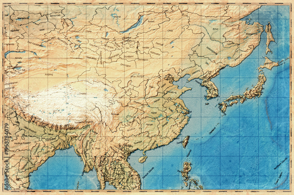 Fototapeta premium Vintage Map Of East Asia On Retro Paper Background