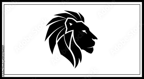 Elegant Black Lion Silhouette Illustration Against a White Backdrop Within a Border