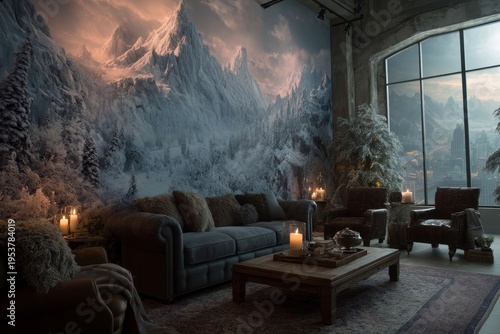 Cozy Living Room with Mountain Mural and Warm Lighting.