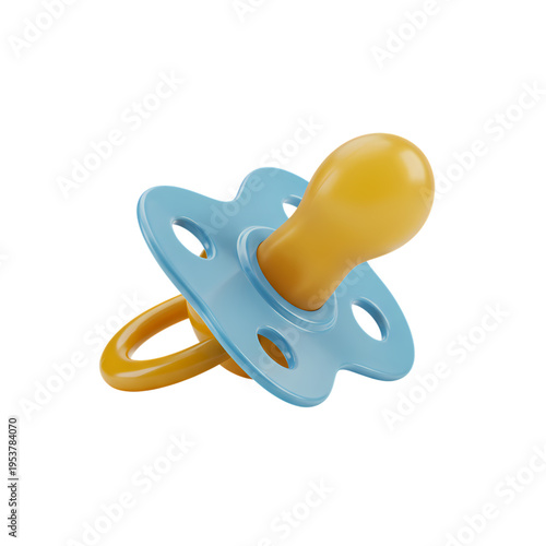 Blue and yellow baby pacifier isolated in this studio photograph for infants and young children