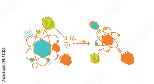 Conceptual representation of atomic structure transformation and scientific reaction process