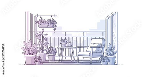 Cozy balcony scene featuring potted plants and comfortable chair illustration