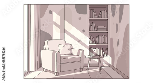 Cozy interior with armchair, bookcase, and sunlight creates a peaceful illustration