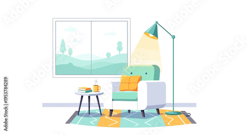 Cozy living room interior illustration with a comfy armchair, lamp, and window view