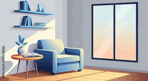 Cozy living room interior illustration with armchair, table, books, and natural light coming