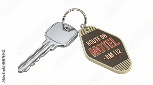 Vintage Route 66 motel room key isolated on white background. Retro plastic keychain with metal ring. Classic American road trip souvenir