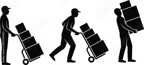Set of delivery man silhouettes pushing hand truck with boxes and carrying heavy cardboard packages isolated on white for logistics