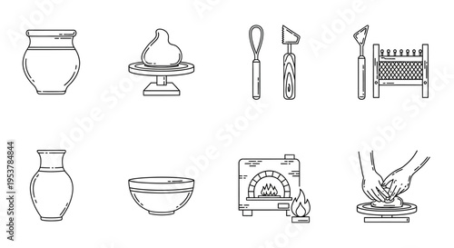 Pottery making tools and ceramics.
