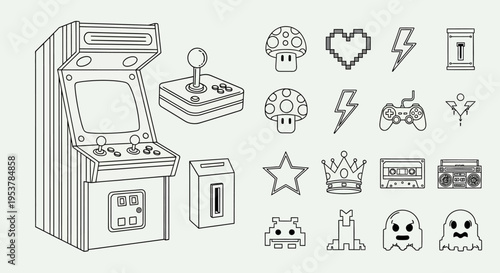 Retro arcade machine and icons.