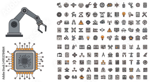 Robotic arm and microchip icons.