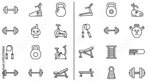 Black line icons of gym equipment.