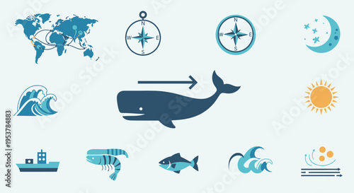Blue whale ocean icon set collection.