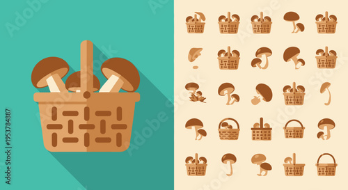 Brown basket with mushrooms on left.