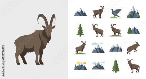 Brown Goat with Large Horns Standing.