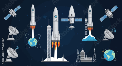 Rockets and satellites in space exploration.