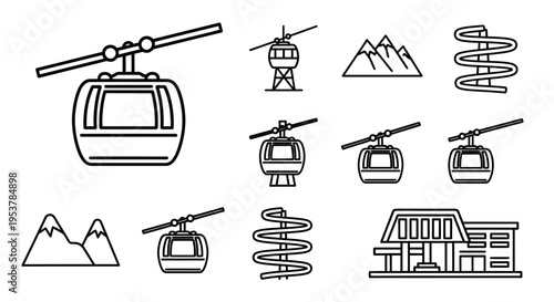 Cable cars and mountain resort icons.