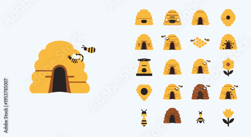 Beehive icons set with insects.