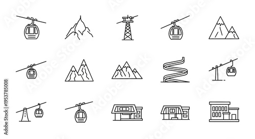 Ski Lift and Mountain Icons Set.