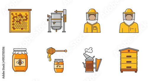 Beekeeper and beekeeping equipment icons.