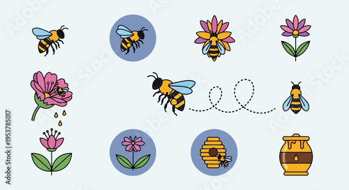 Bees and flowers illustrations set.