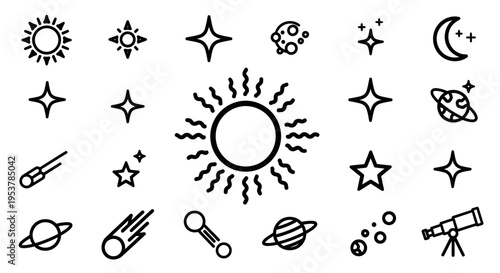 Black and white astronomy icons set.