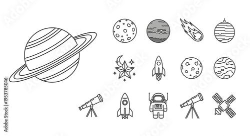 Space objects and astronomy equipment.