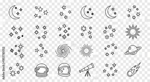 Black and white astronomy icons set.