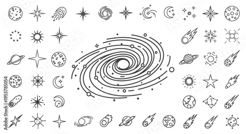 Black and white astronomy symbol icons.