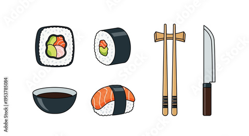 Sushi food and eating utensils set.