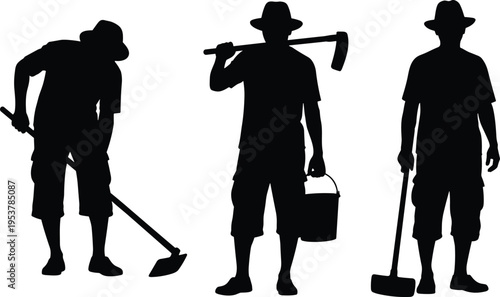 Set of farmer silhouettes wearing hats holding a hoe and bucket isolated on white background for agriculture and gardening concepts