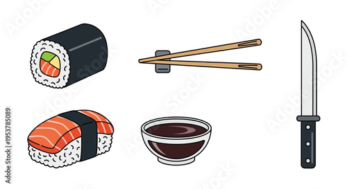 Sushi food and eating utensils.