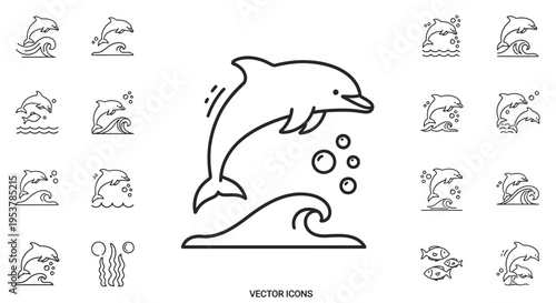 Black line drawing of a dolphin.