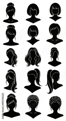 Variety of female hairstyles silhouettes.
