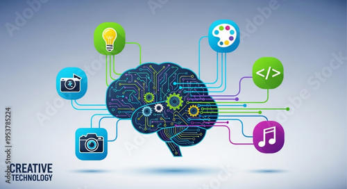 Creative Technology Brain - Interconnected Icons Representing Diverse Fields.