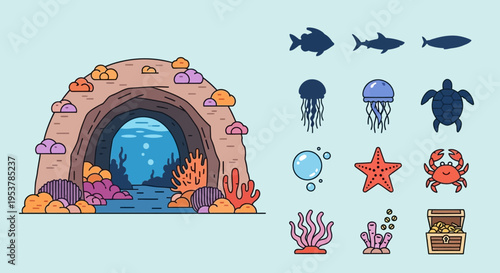 Underwater scene with sea creatures.