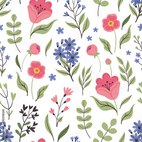Vector seamless simple pattern with pink flowers on a white background.
