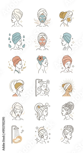 Various illustrations of womens hairstyles.