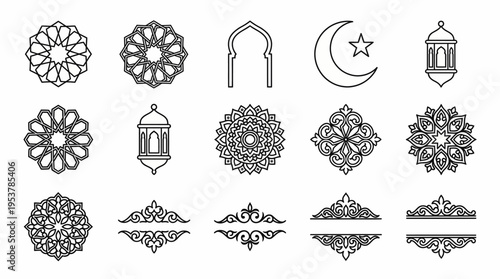 A collection of Islamic design elements, including intricate patterns, crescent moons, lanterns and decorative archways 