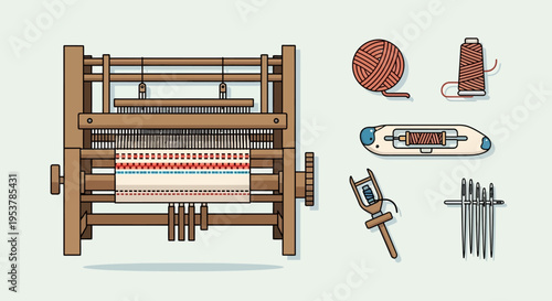 Vintage wooden loom with tools.